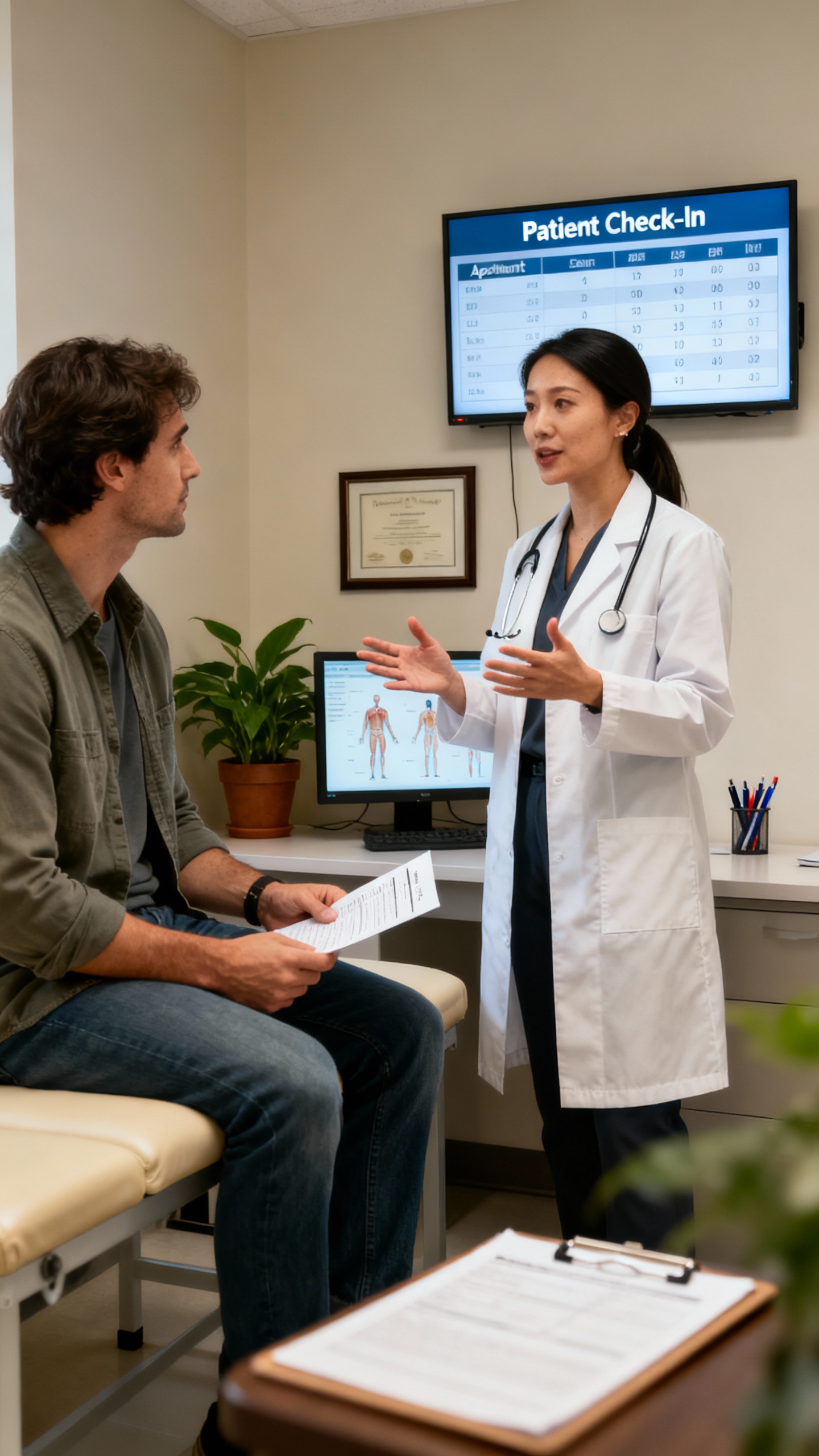 Digital wayfinding kiosk in hospital lobby helping patients navigate